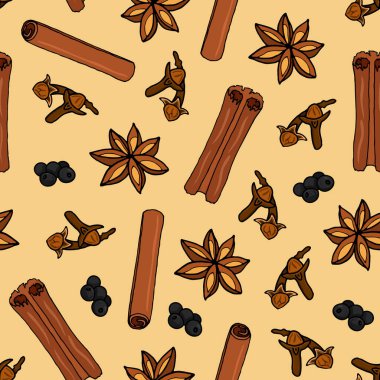 Kusursuz baharat karanfilleri, anason, tarçın, bej arkaplanda kara bezelye deseni. El çizimi. Vektör çizimi. çizgi film biçimi.