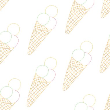 Boynuz içinde kusursuz bir dondurma deseni. Dondurma topları yeşil, pembe ve sarıdır. Beyaz arka planda soğuk bir tatlı. Çizgi film tarzında el çizimi. Vektör illüstrasyon dondurma taslağı.