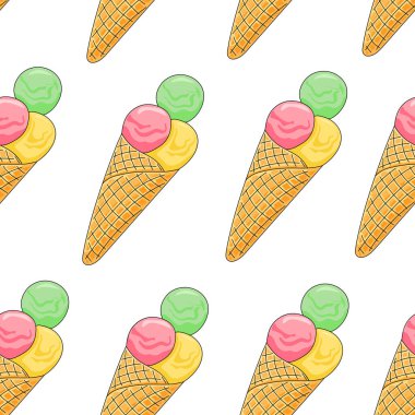 Boynuz içinde kusursuz bir dondurma deseni. Dondurma topları yeşil, pembe ve sarıdır. Beyaz arka planda soğuk bir tatlı. Çizgi film tarzında el çizimi. Vektör illüstrasyonu.
