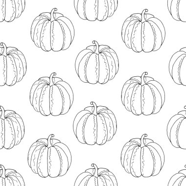 Seamless pattern from outline pumpkin on a white background. Hand drawing. Vector illustration.