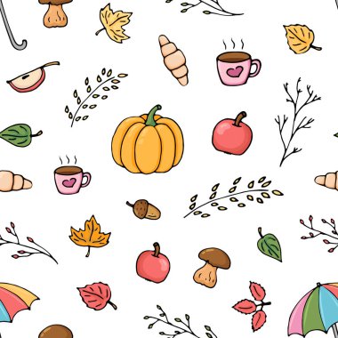 Beyaz arkaplanda kusursuz sonbahar nesneleri. El çizimi. Vektör çizimi. Çizgi film biçimi.