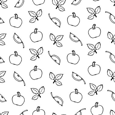 Elma ve düşme yapraklarının kusursuz deseni beyaz arka planda. El çizimi. Vektör çizimi. çizgi film biçimi.