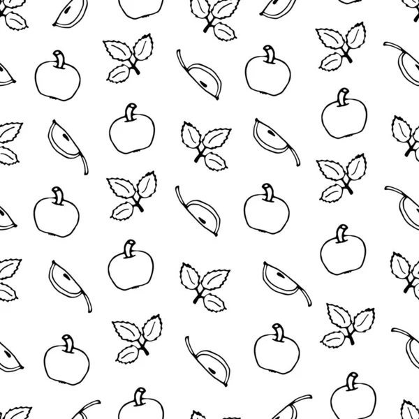 Elma ve düşme yapraklarının kusursuz deseni beyaz arka planda. El çizimi. Vektör çizimi. çizgi film biçimi.