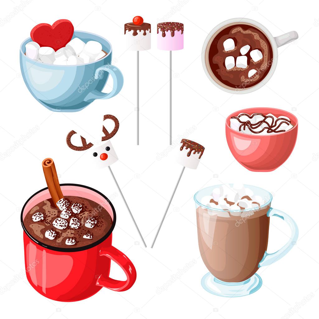 Set of mugs with hot chocolate and marshmallow. Cocoa with cinnamon. Cacao with zephyr on a stick. Red heart in a blue cup. Vector illustration in a cartoon style. Isolated object on white background.