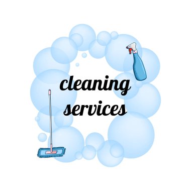 Temizlik servisi şablonu. Günlük temizlik. Mesaj için çerçeve. Karalama elementleri. Vektör çizimi. El çizimi. Beyaz arkaplan.