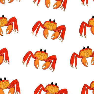 Kusursuz yengeç deseni. Deniz yengeci duvar kağıdı. Çizgi film tarzında el çizimi. Çocuklar için vektör illüstrasyonu. Beyaz arkaplan.