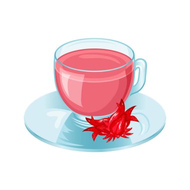 Çiçek kırmızısı çay bardağı. Kupa ve çiçek çiçeği. Beyaz arkaplandaki izole vektör nesnesi. Çizgi film tarzında sıcak içecek..