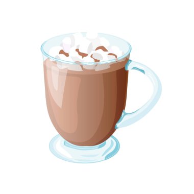 Şekerlemeli sıcak çikolata kupası. Sıcak kakao içeceği. Cam bardak. Beyaz arka planda izole vektör kakao. Çizgi film tarzında resimleme.