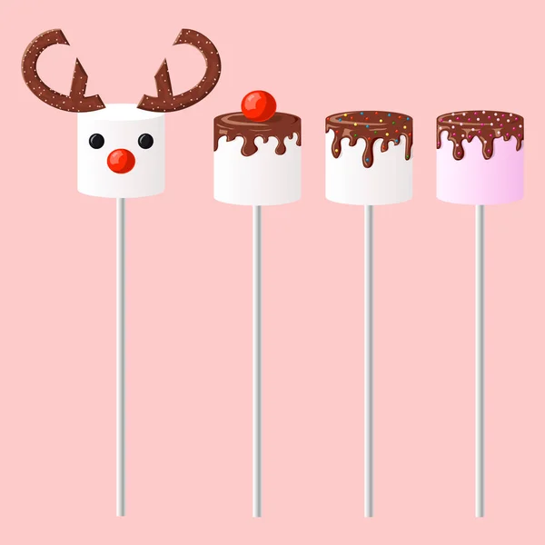 Set marshmallow on a stick. Zephyr in chocolate, in the form of a deer. Funny New Year sweets. Vector illustration in a cartoon style. Red background. — Stock Vector