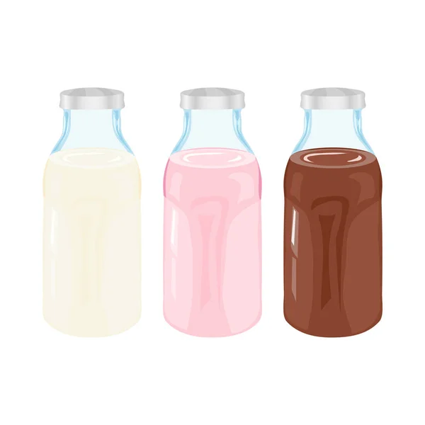 우유, 딸기 우유, 초콜릿 우유가 들어 있는 병. 가사는 만화 형식으로 되어 있다. 고립되어 있지. 흰 배경. — 스톡 벡터