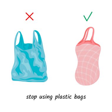 Naylon poşet yerine tekrar kullanılabilir ağ torbası. Alışveriş torbaları. Ayrı nesneler. Beyaz arka plan. Vektör çizimi. çizgi film biçimi.