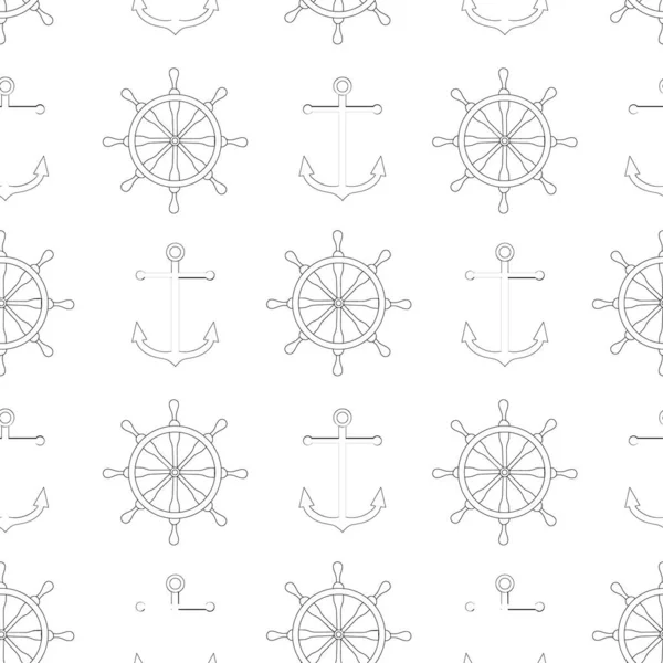 Ships anchor and steering wheel on a white background. Cartoon style wallpaper. Marine theme textile. Hand drawing. Vector illustration. — Stock Vector