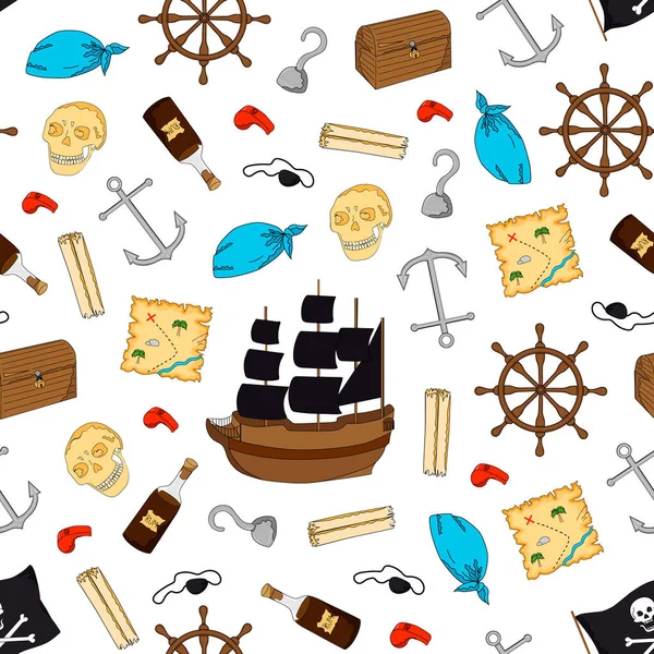 Naadloos patroon voor piratenfeest. cartoon stijl. Kleurrijke zee-elementen. Sjabloon voor behang, verpakking, textiel, stof. — Stockvector