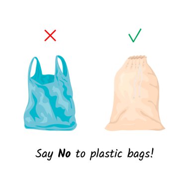 Plastik poşet yerine tekrar kullanılabilir pamuk torbası. Alışveriş torbaları. Beyaz arkaplandaki izole nesneler. Çizgi film tarzında vektör illüstrasyonu.