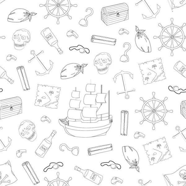 Naadloos patroon voor piraten party outline. cartoon stijl. Kleurrijke zee-elementen. Sjabloon voor behang, verpakking, textiel, stof. Witte achtergrond. — Stockvector