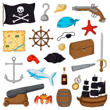 Bir grup korsan nesnesi. Çizgi film tarzında el çizimi. Vektör çizimi. Beyaz arkaplandaki izole nesneler. Davetiyeler, baskılar, tasarım için koleksiyon.