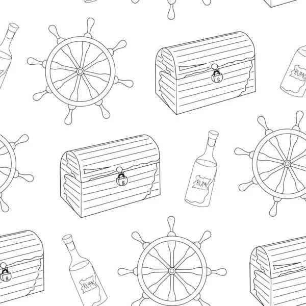 Бесшовный рисунок колеса, сундука с сокровищами и бутылки рома на белом фоне. Элементы дизайна. Ручной рисунок мультяшный стиль. Векторная иллюстрация. — стоковый вектор