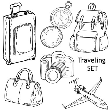 Bir dizi seyahat nesnesi. Özet geç. Tasarım elementlerinin el çizimi. Vektör illüstrasyonu.