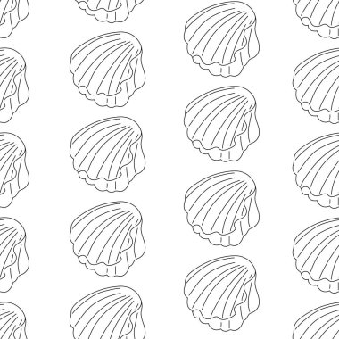 Beyaz arka planda ana hatlarıyla deniz kabukları. Çizgi film tarzı duvar kağıdı. El çizimi. Vektör illüstrasyonu.