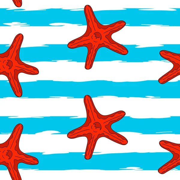 Fondo de pantalla. Ilustración vectorial. Patrón a rayas sin costura con línea horizontal y estrella de mar roja. Vector de stock