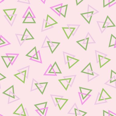 Pembe ve yeşil üçgenlerin kusursuz deseni. Açık kırmızı arkaplan. Vektör illüstrasyonu.