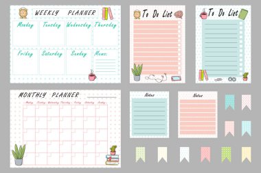 Collection of planners. Back to school or college hand drawn elements. Cute cartoon template.