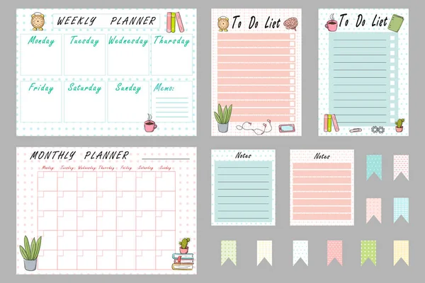 Collection of planners. Back to school or college hand drawn elements. Cute cartoon template. Stockvektor