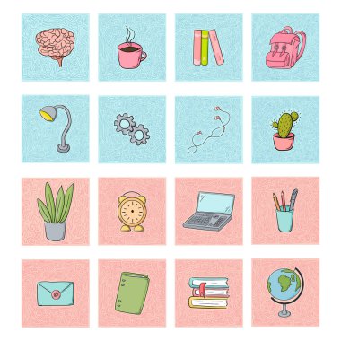 A collection of stickers for students. Hand drawing. Vector illustration. Cute cartoon style.