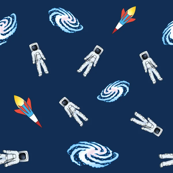 Безшовний малюнок астронавта в космосі, ракеті і галактиці. Малюнок рук. Векторні ілюстрації . — стоковий вектор