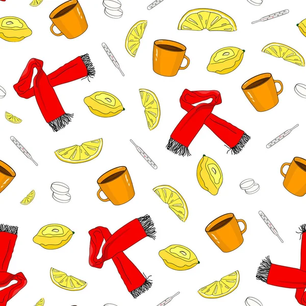Therapy seamless pattern. A whole lemon, lemon slice, thermometer, pills, scarf, mug of hot tea. white background. Hand drawing. Vector illustration. — Stockový vektor