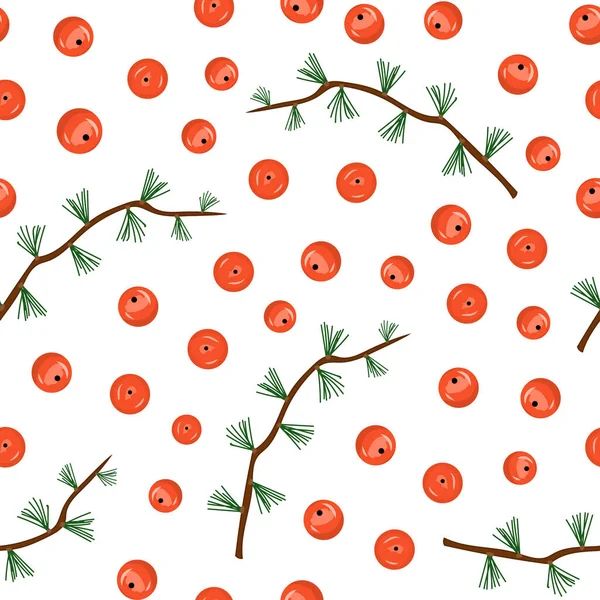 Sömlös mönstergren av gran, gran, tall och rönnbär. Handritning. Illustration. Julkort. — Stock vektor