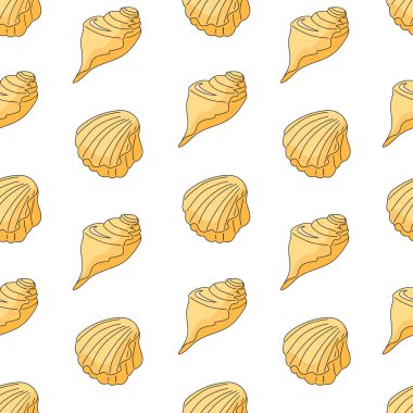 Beyaz arka planda sarı deniz kabukları. Çizgi film tarzı duvar kağıdı. El çizimi. Vektör çizimi. Deniz izi.