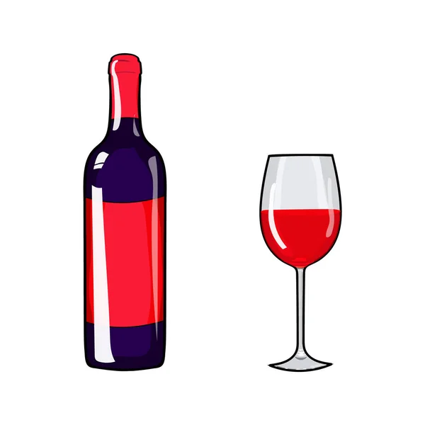 Glas med vin och vinflaska. Rita vin för hand. Vektor illustration rött vin. Designelement för alkohol. Stockillustration