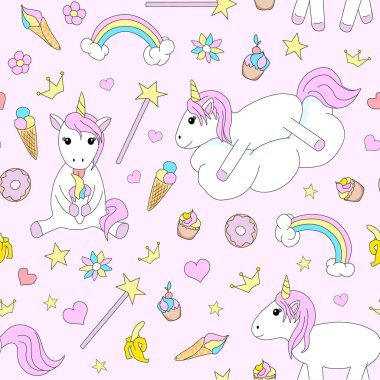 Kusursuz desenli şirin tek boynuzlu at. Çizgi film tarzı. pembe arka plan. El çizimi.