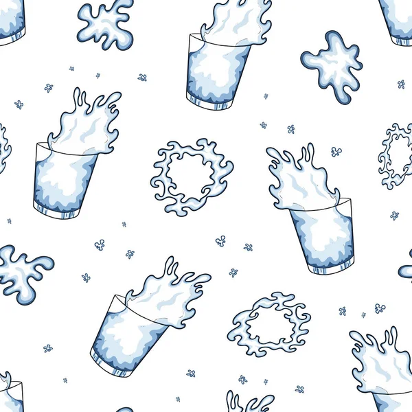 Nahtloses Muster eines Wasserglases mit Spritzern. weißer Hintergrund. Handzeichnen. Vektorillustration im Cartoon-Stil. — Stockvektor