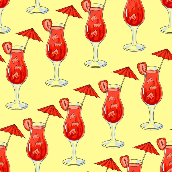 Motif sans couture cocktail froid sur un fond jaune. Illustration vectorielle. Dessin manuel. Cocktail rouge avec une tranche de fraise et un parapluie. — Image vectorielle