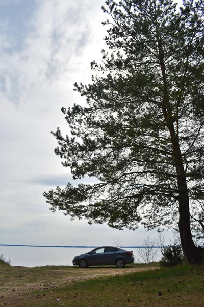 car on the river bank