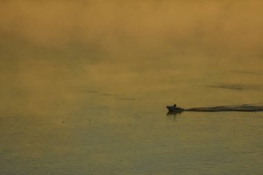 Nehirde Sis Altında Tekne Yüzüyor