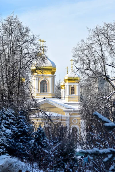 Igreja Com Cúpulas Douradas Neve — Fotografia de Stock