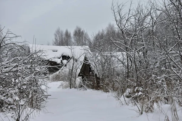 Aldeia Abandonada Neve Inverno — Fotografia de Stock