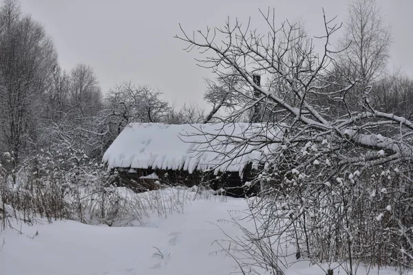 Покинутая Деревня Снегу Зимой — стоковое фото