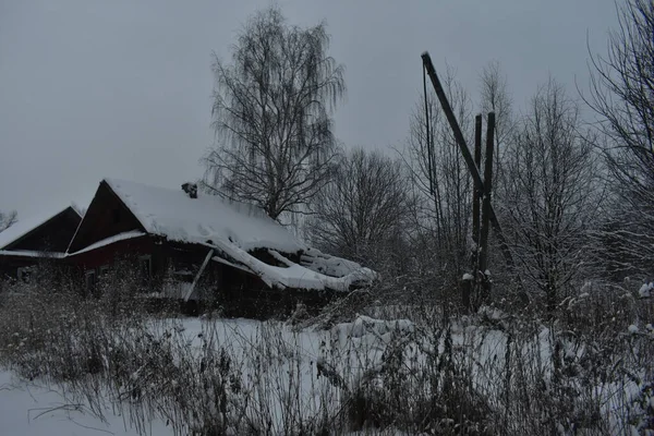 Elhagyott Falu Hóban Télen — Stock Fotó