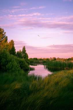 Yazın gölün üzerinde gün doğumu