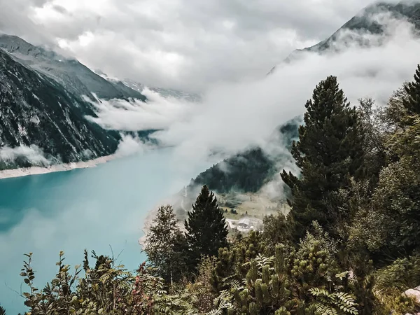 Pohled přes jedle k průzračnému tyrkysovému horskému jezeru Schlegays pokrytému mraky a mlhou. Zillertal Alps, Mayrhofen, Rakousko — Stock fotografie