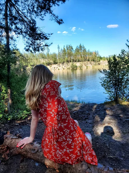 Blonde in a red dress sitting on a fallen tree on the shore of a forest lake in sunny weather. Country rest, nature, back view
