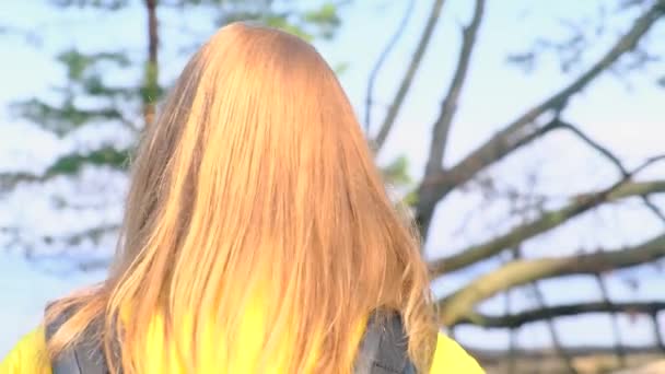 Turism, vandring och friluftsliv. Baksidan av en ung idrottskvinna med en ryggsäck promenader i mitten av en tallskog längs en sjö eller flod på en solig varm vårdag i en gul jacka — Stockvideo