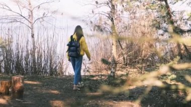 Arkadan ormanda yürüyen bir turist. Nehir kıyısına doğru yürür, ellerini kaldırır ve manzaranın tadını çıkarır. Kadın kot pantolon ve parlak sarı ceket giyiyor, 4K, ağır çekim.