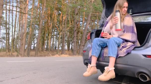 An sonnigen Herbst- oder Frühlingstagen sitzt eine junge Frau im Kofferraum eines Autos vor dem Hintergrund eines Kiefernwaldes. Sie gießt Tee aus der Thermoskanne, trinkt ihn und genießt die Natur. Frau im Pullover, in Decke gehüllt. 4k. — Stockvideo