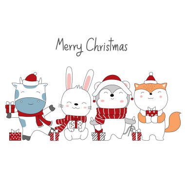 Şirin hayvan çizgi filmi ve hediye kutusu olan bir Noel tasarımı. El çizimi çizgi film tarzı