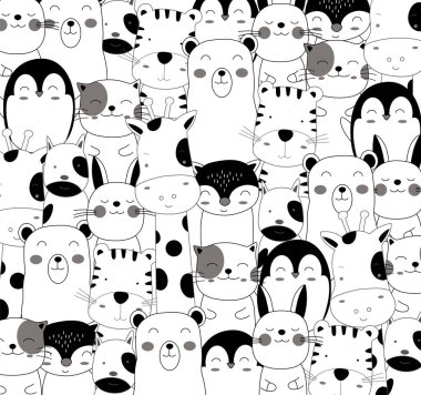 Sevimli yavru hayvan çizgi filmi. El çizimi siyah beyaz